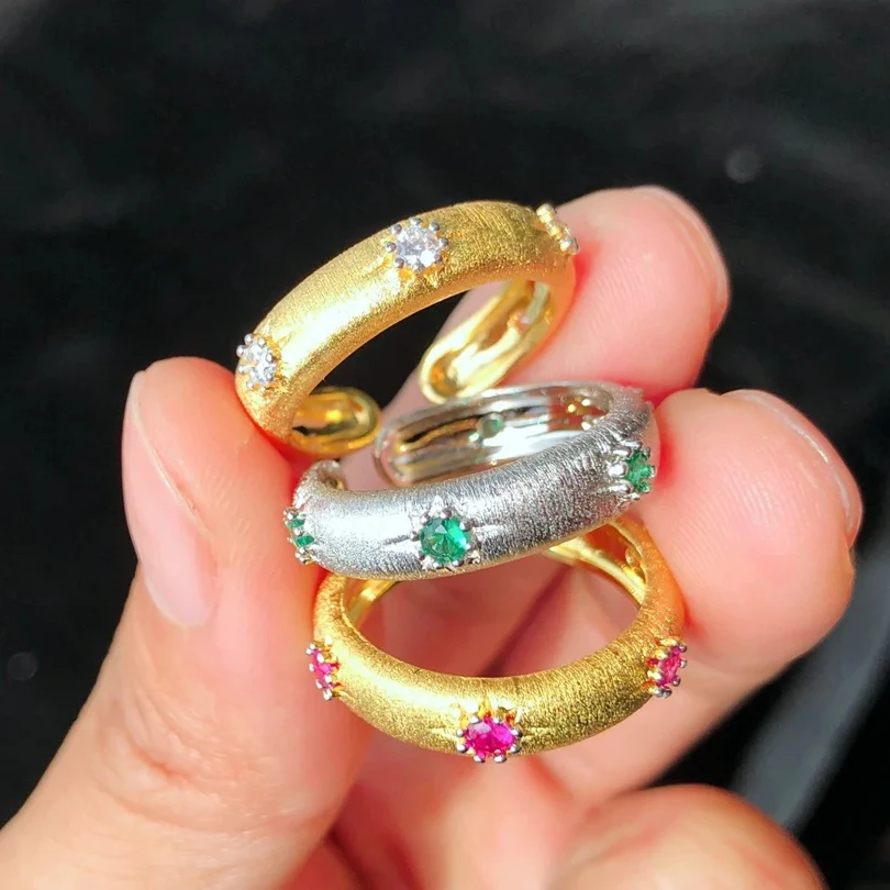 925 Sterling Silver Plated 18k Gold Starlight Italian Romantic Classic Textured Brushed Open Design Ring