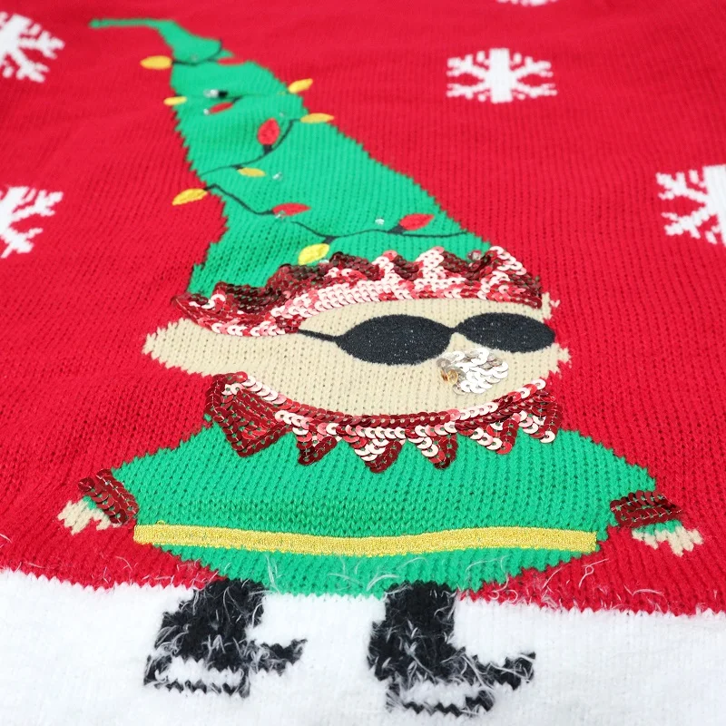 Red ugly Christmas sweater embroidered  sequin  Elf  jacquard cardigan Winter thick couples  sweater