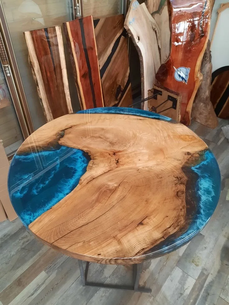 Free Sample Wooden Home Furniture Round Blue Walnut Wood  Ocean Epoxy Coffee Resin River Office Living Room Side  Table