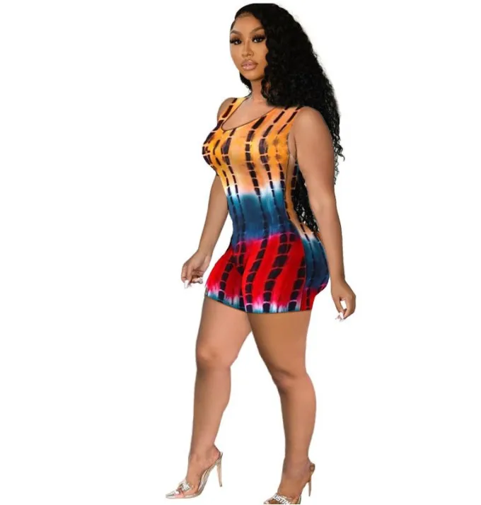 2022 Summer overall Jumpsuit Women u neck sleeveless leopard tie die camo ribbed strappy shorts jumpsuit