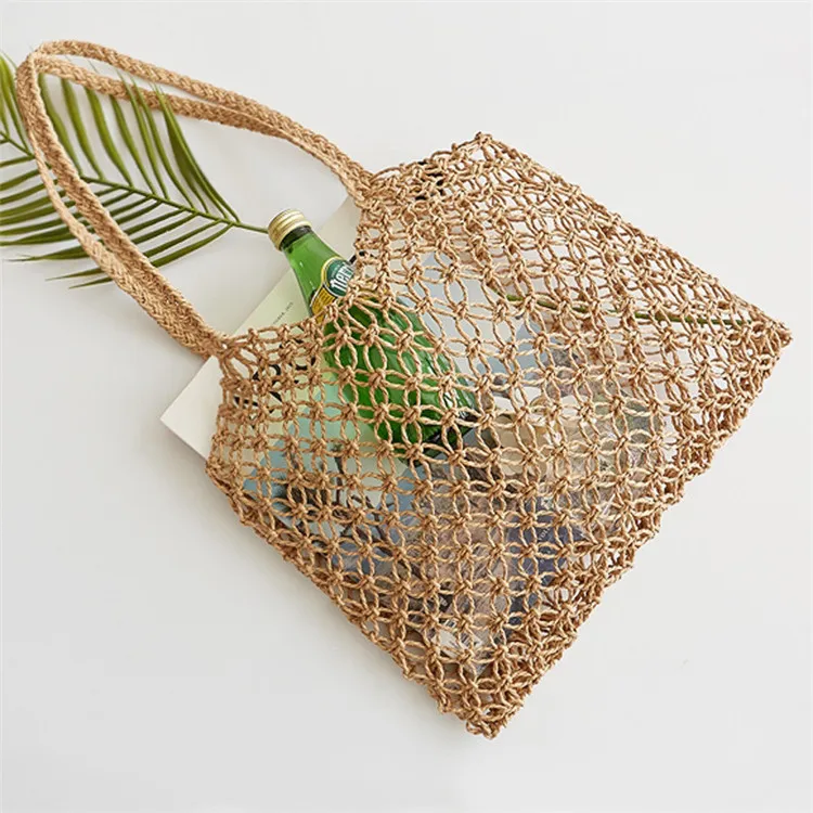 2019 New hand-woven hollowwork straw bag paper rope grid without lining woven beach bag Female Handbag Shopping Pouch