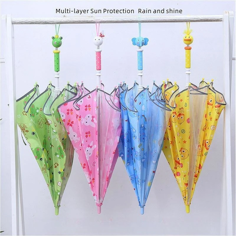 Cute rabbit boy and girl safety reflective strip umbrella with creative cartoon wooden spring handle