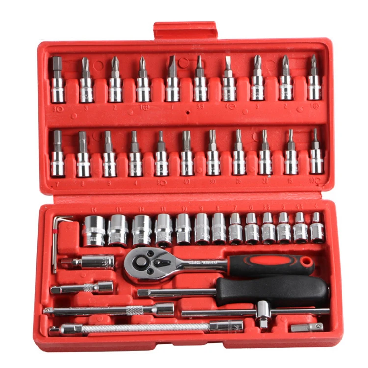 Hot Sale 46 Pcs 1/4 Dr Car Repair Tool Box Spanner Chrome Vanadium Hand Tools And Ratchet Wrench Socket Set