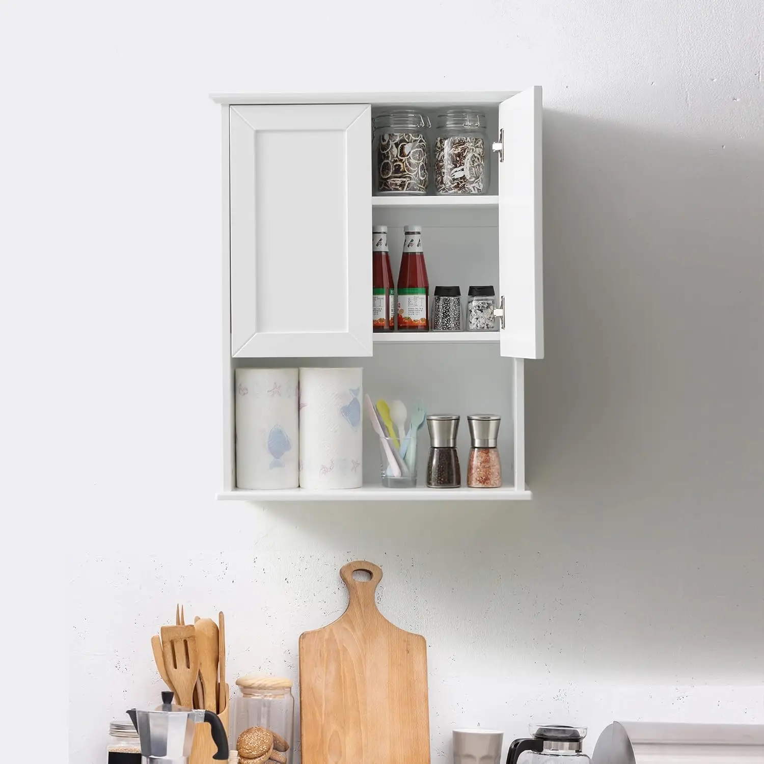 Bathroom Wall Cabinet Wooden Medicine Cabinet Buffering Hinge MDF Material Over Toilet Storage 23x29