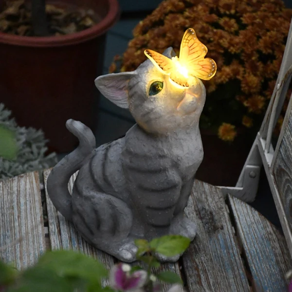 Солнечная фигурка кота в саду с солнечным светом статуя и бабочка украшение для патио балкона двора согревающий подарок мамы