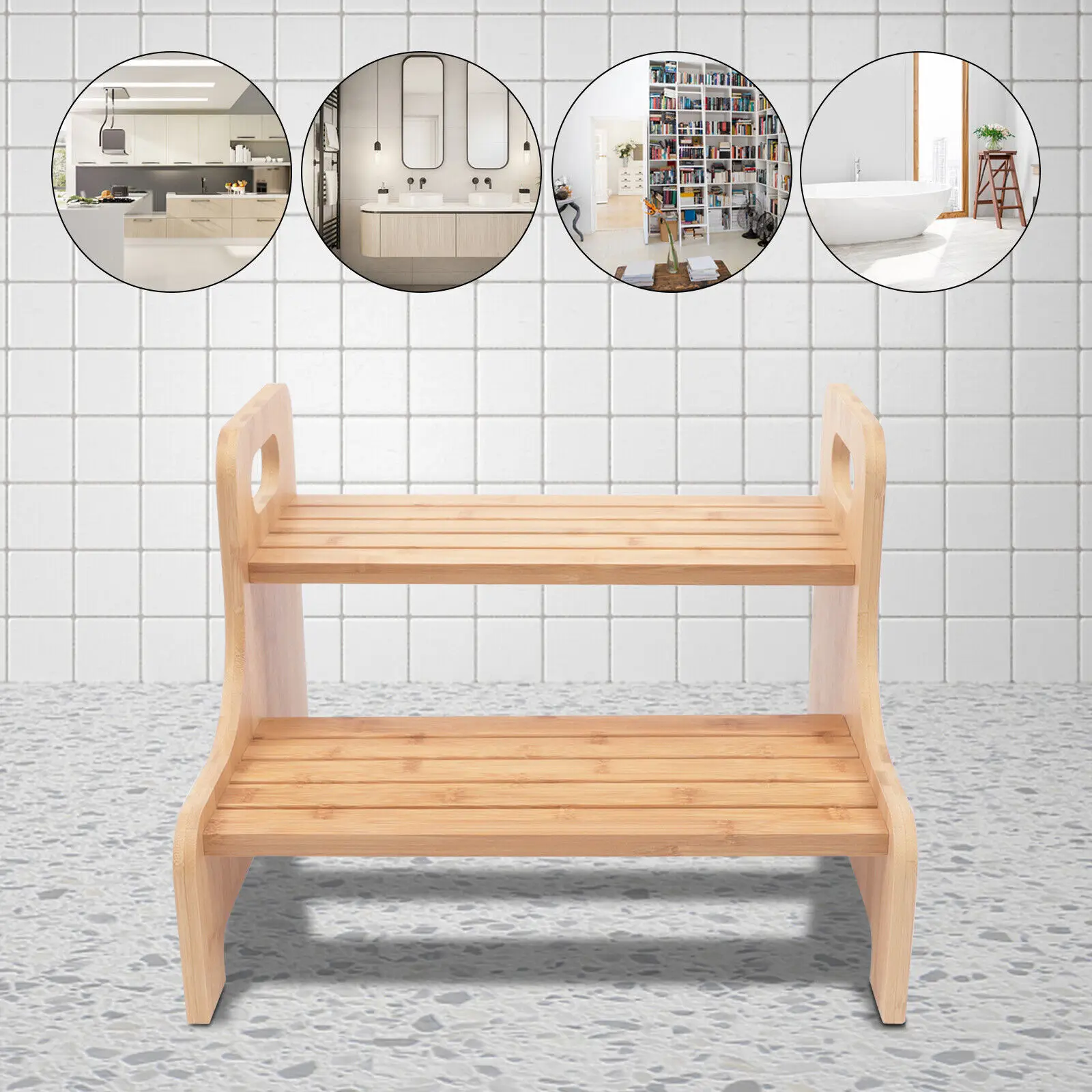 New Style Durable 2 Tier Custom Bamboo Footstool Wooden Chair Kid Ladder Step Stool
