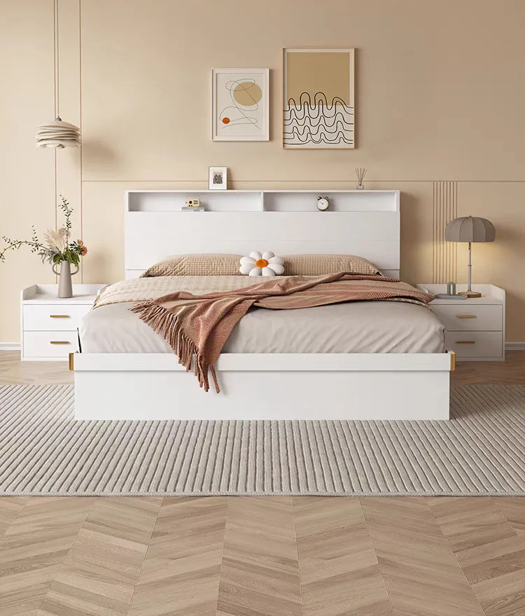 Foshan Home Furnishing King Queen Double Single Size White Wooden Panel Bed Hotel Furniture