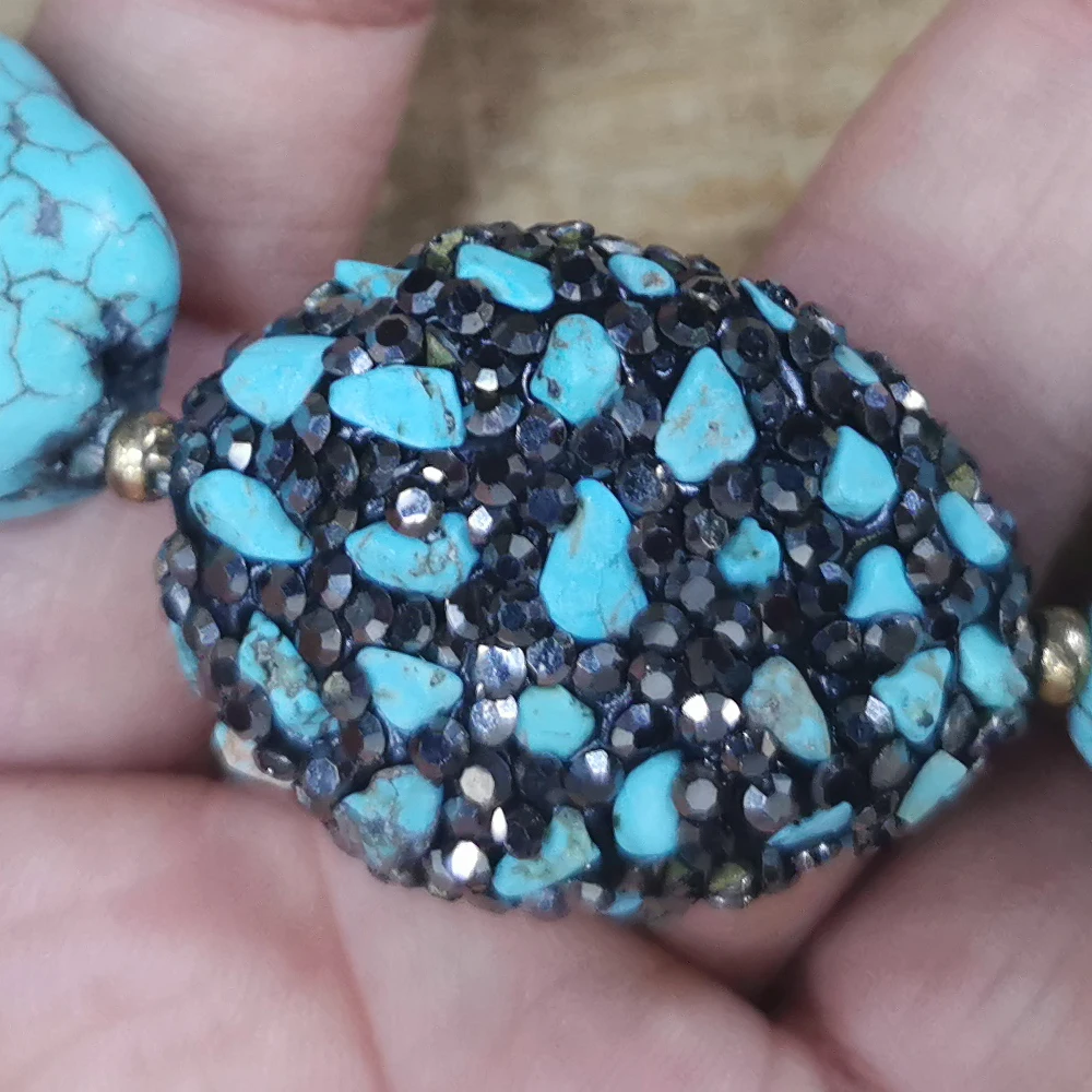 Vintage Turquoise Large Beads Necklaces Handmade Pave Crystal Gemstone Choker Necklace Jewelry for Women Adjustable