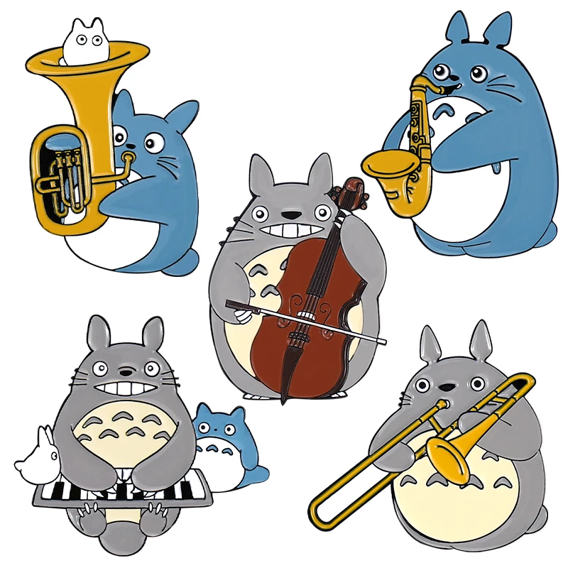 Custom saxophone cello trumpet piano brooches Totoro orchestra enamel pins lapel badges cartoon fun music gift for kid friends