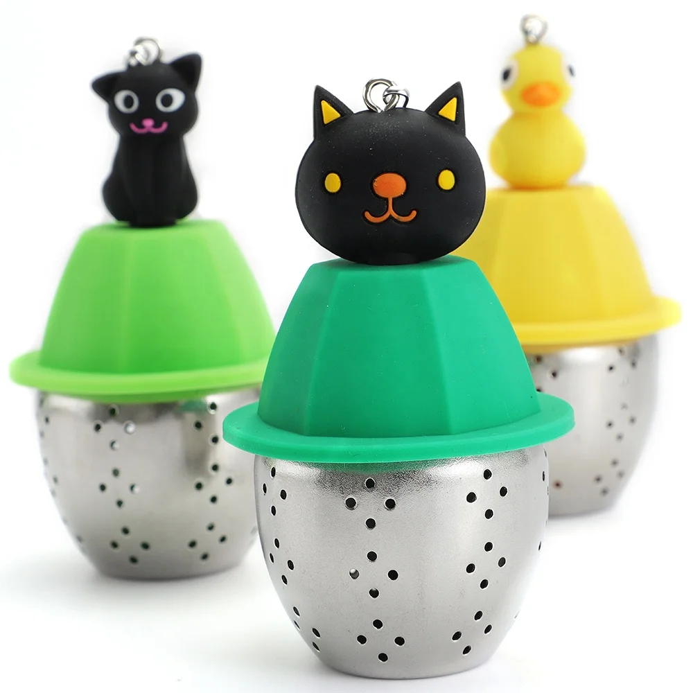 Food Grade Silicone Cartoon Tea Strainer Tea Infuser with Chain Hook Drip Tray for Brewing Loose Leaf Tea