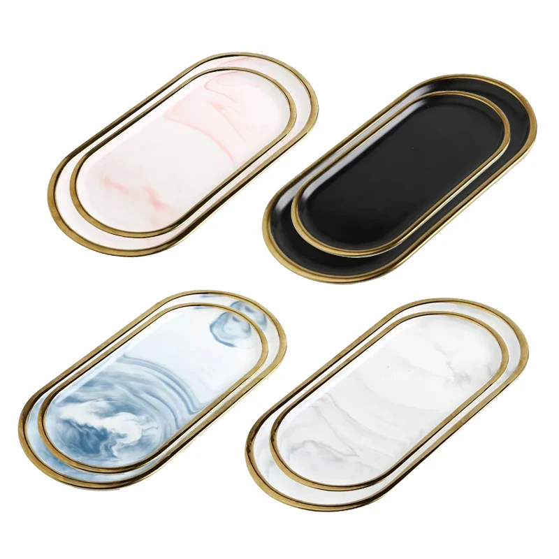 
 Уникальная керамическая тарелка с позолоченной оправой в скандинавском стиле, мраморные овальные западные белые черные розовые праздничные тарелки  
