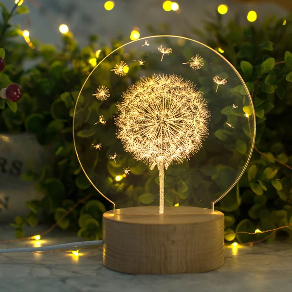 Acrylic Inner Carving 3D Dandelion Light Home Decor Bedroom Sleeping Night Lamp