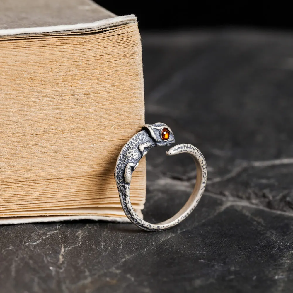 Punk S925 sterling silver chameleon ring lizard opening vintage Thai silver rings