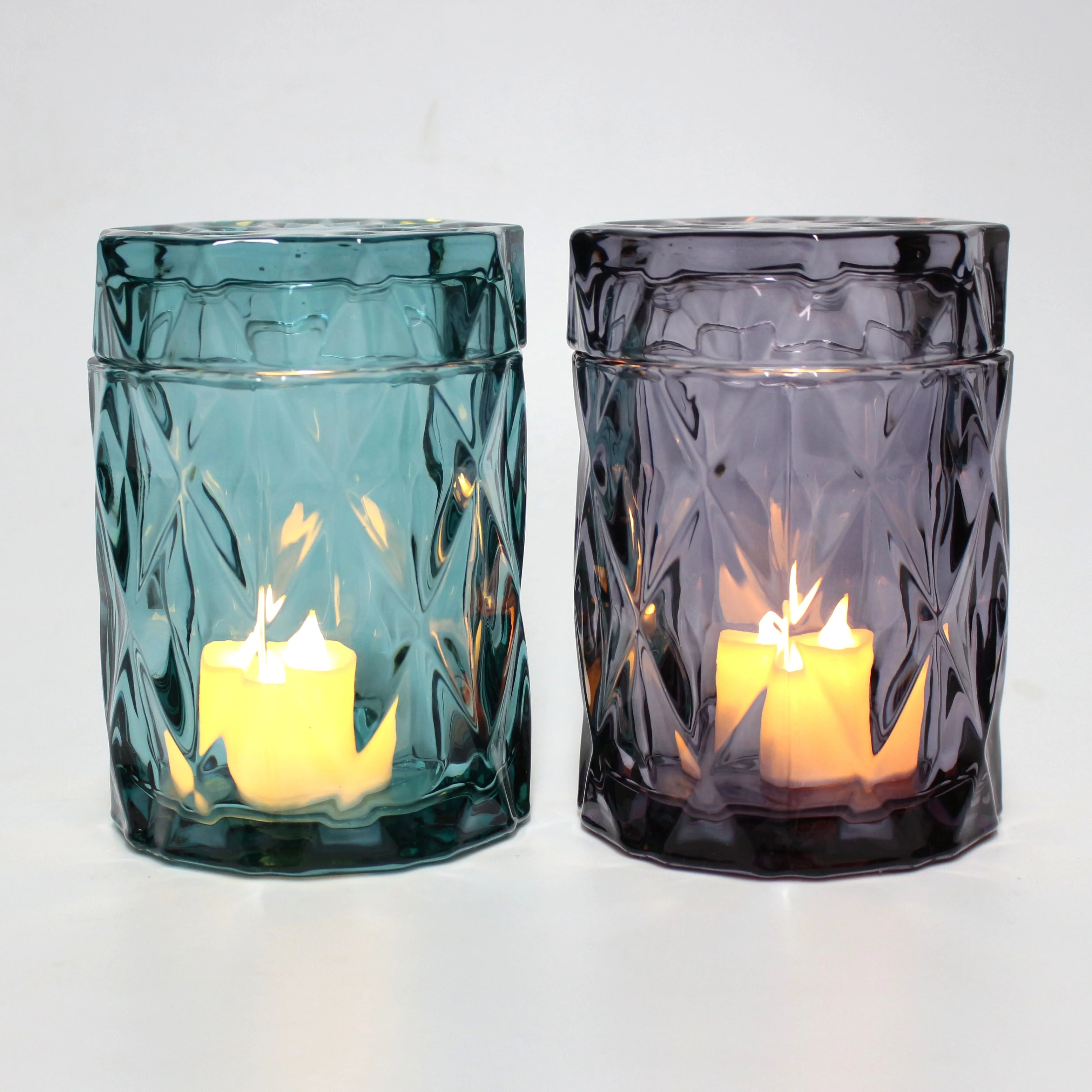 FENGJUN textured prism fluted translucent empty unique iridescent embossed glass candle jar with glass lids for candle making