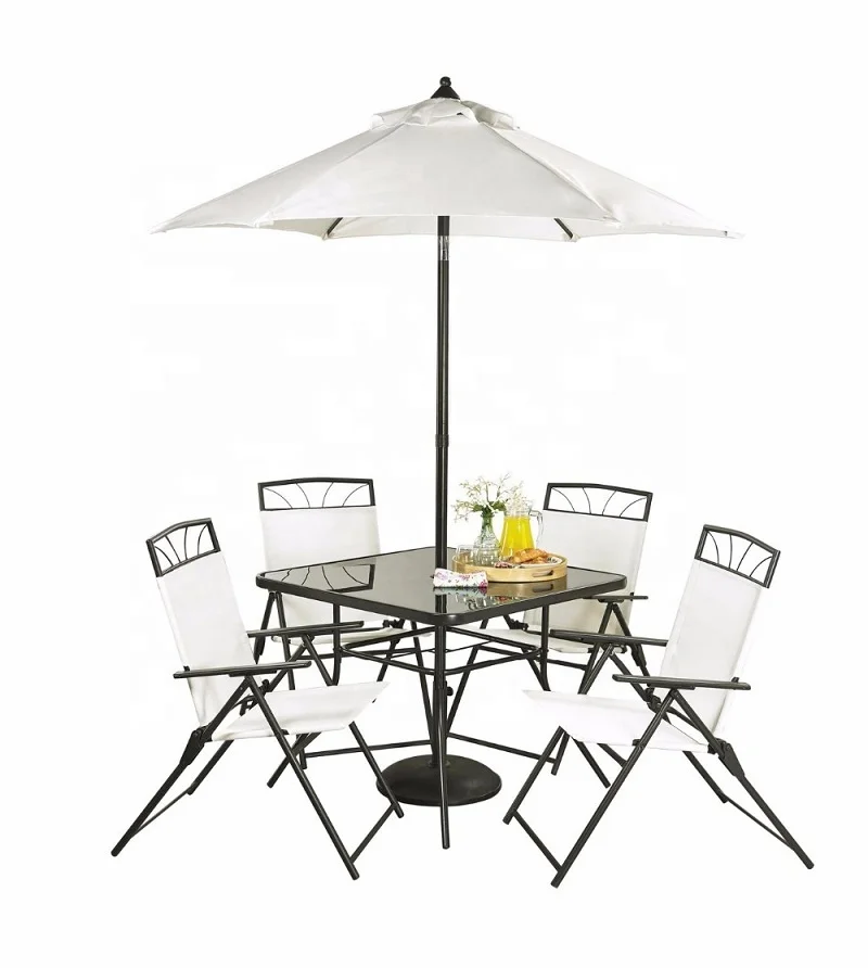 China Garden Furniture Home Leisure Way Patio Outdoor 4 Seater Metal Dining Set with Foldable Chairs, Glass Table, Umbrella