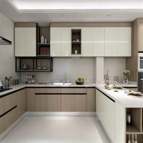 High glossy Finish kitchen cabinet wood cabinet door with white countertop
