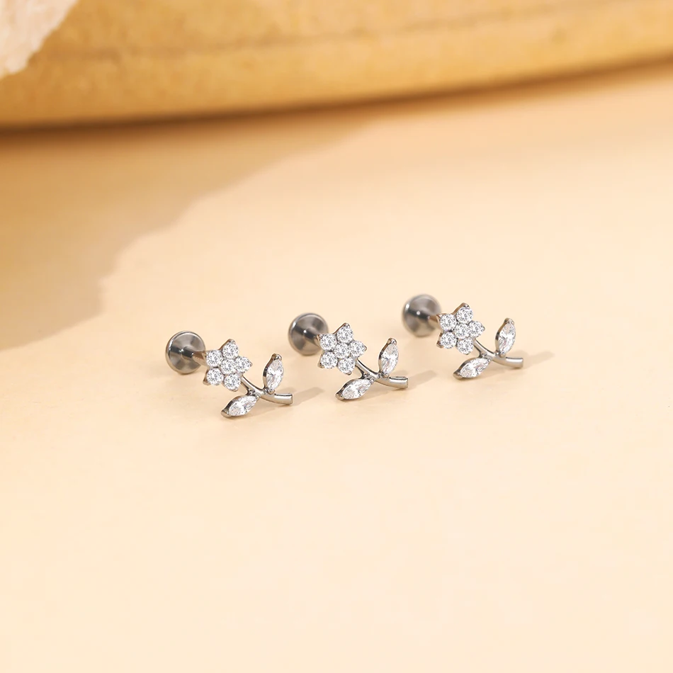 Lingchee Titanium Piercing Stud Earrings for Women Flower 16G CZ Tragus Cartilage Helix Conch Ear Stud Body Jewelry