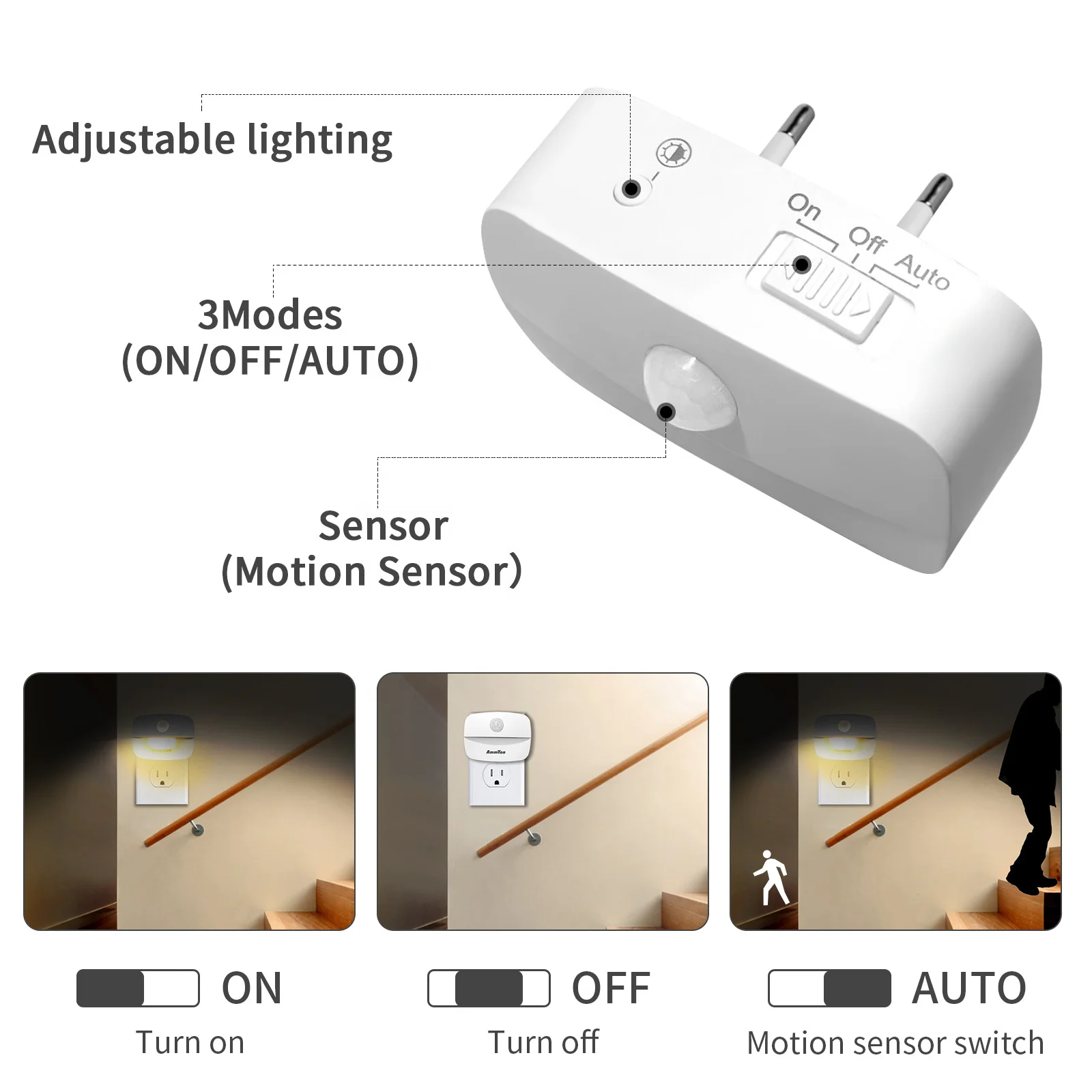 3 Modes (Auto/On/Off) Energy Saving Motion Sensor EU/US Plug in Socket LED Night Light