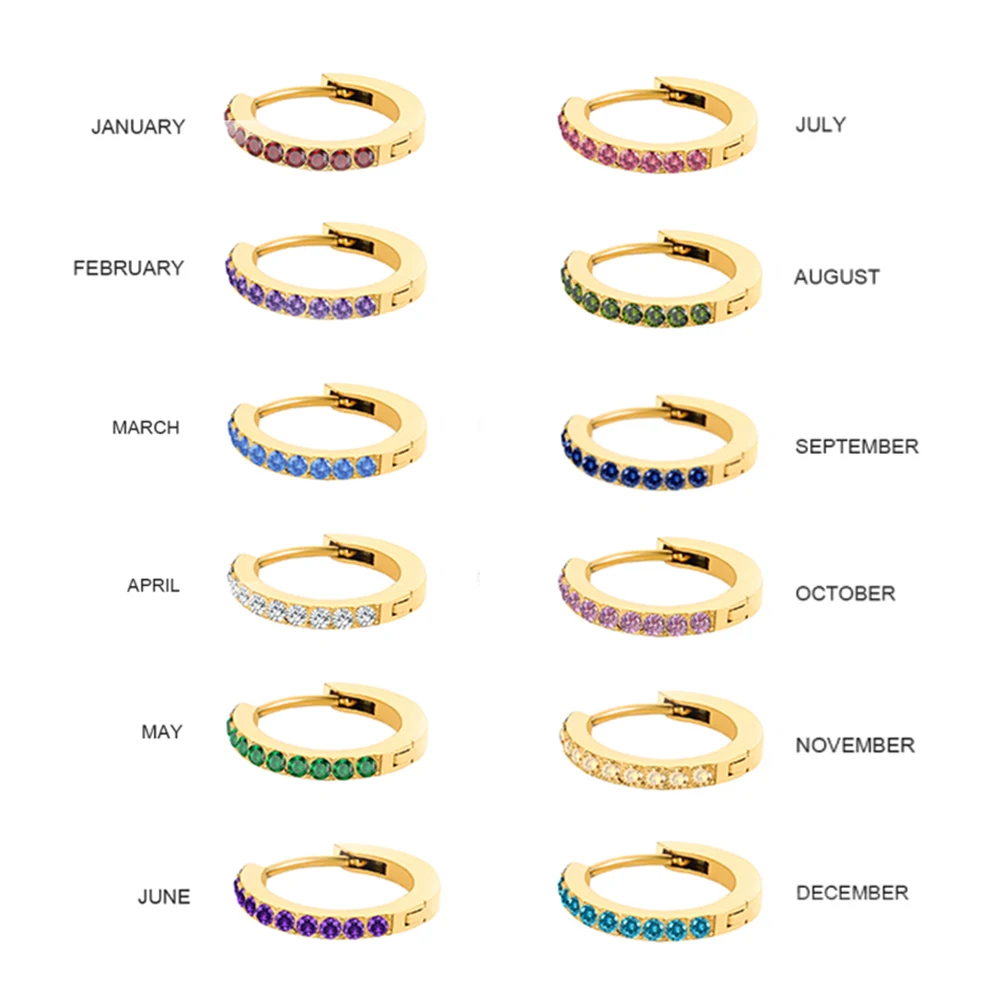 Hypoallergenic Stainless Steel 12 Colors Birthday Stone Gold Plated Pierced Classic Diamond  Hoop Earrings For Women