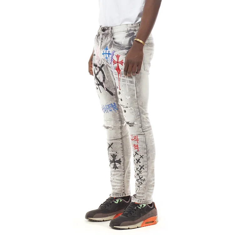 Fashion High Quality Stylish Light Color Unity Rhinestone Letter Dripping Design Jean Long Pants Men