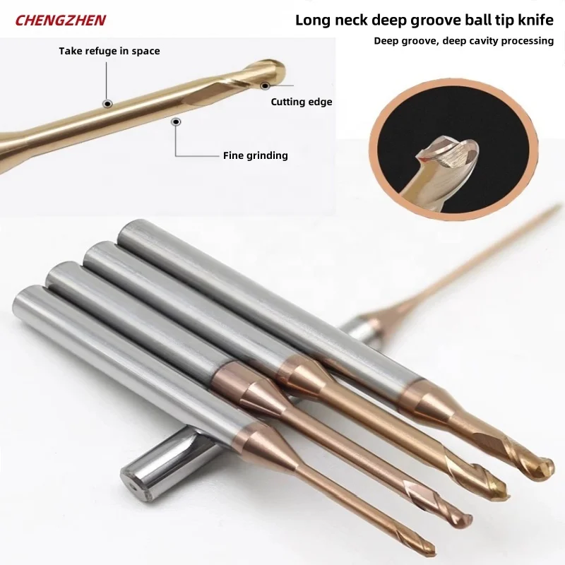 HRC58 carbide nano coated 2 flute long handle ball head cutter for deep groove machining micro long neck ball head end mill R0.3