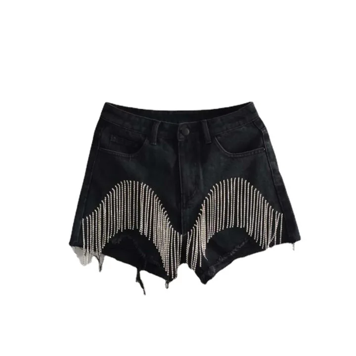 New custom design heavy tassels diamonds Beads plus size women light night high waist denim