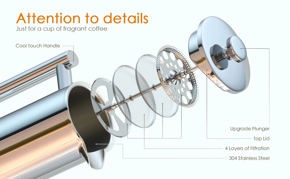 Custom Logo 304 stainless steel pressure pot French filter hand brewed coffee pot double-layer filter insulated pot matching