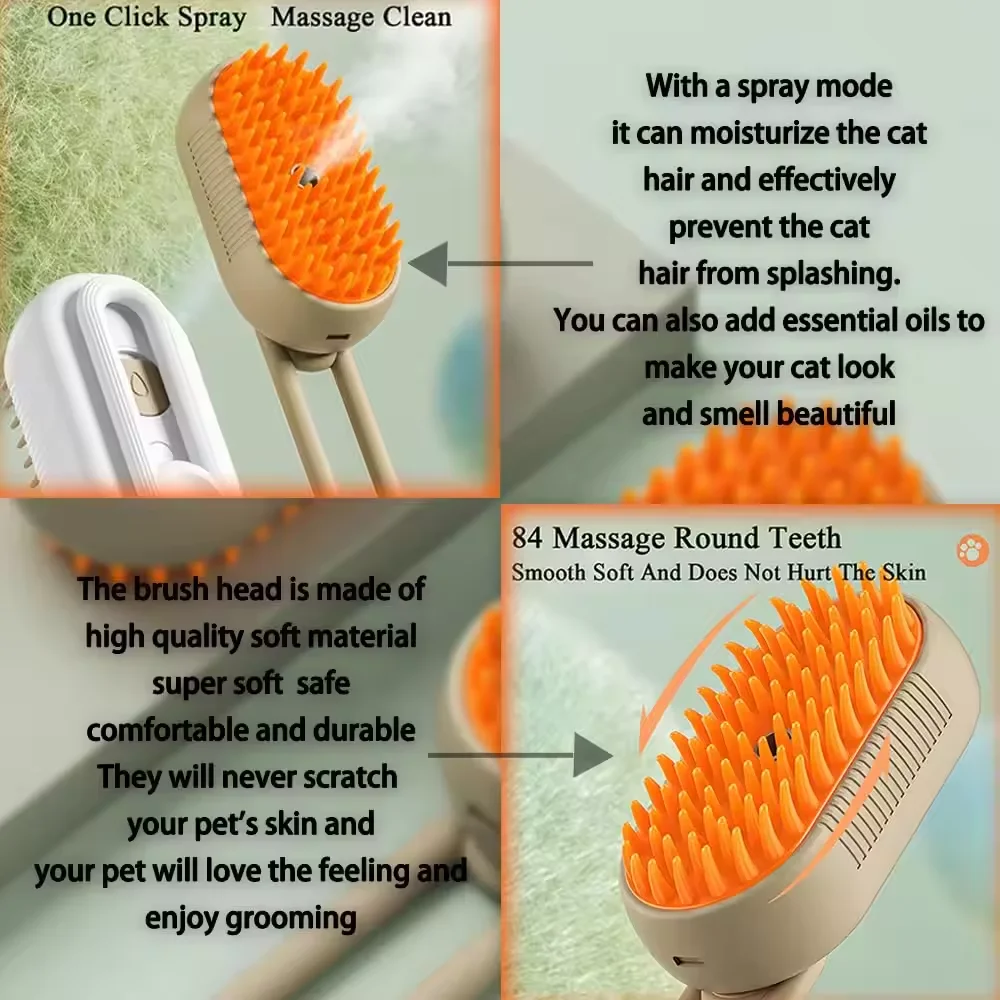 Foldable Pet Hair Remover Water Sticky Brush Grooming Shedding Comb 3 In1 Self Cleaning Electric Dog Cat Steam Brush With Handle