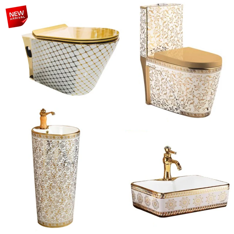 Luxury Golden Color Bathroom Sanitary Ware Commode Ceramic Wall Mounted Gold Hanging Toilet