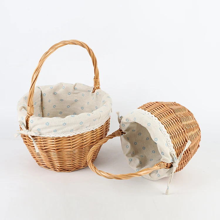 2022 Hot Sale wicker Weave  Handle Basket With hemp blue printed lining