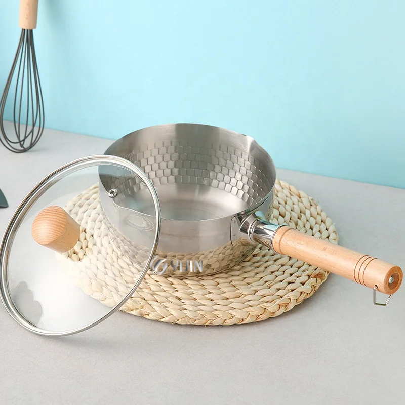Wholesale 18 20cm japanese yukihira wooden handle 18/0 stainless steel sauce pan milk pot with glass lid
