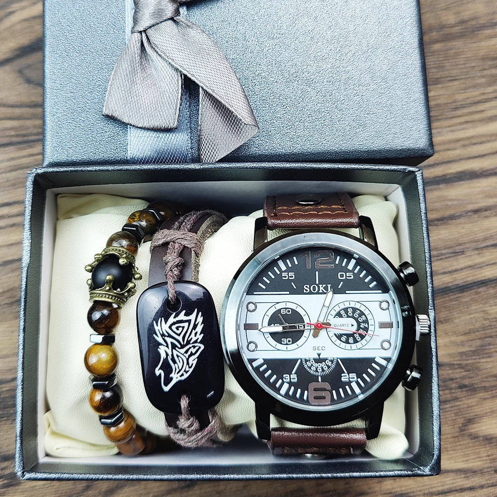 Watches set Bracelet Men watch set with box Sport men wrist Leather Strap Quartz Watch wholesale Business Wristwatch