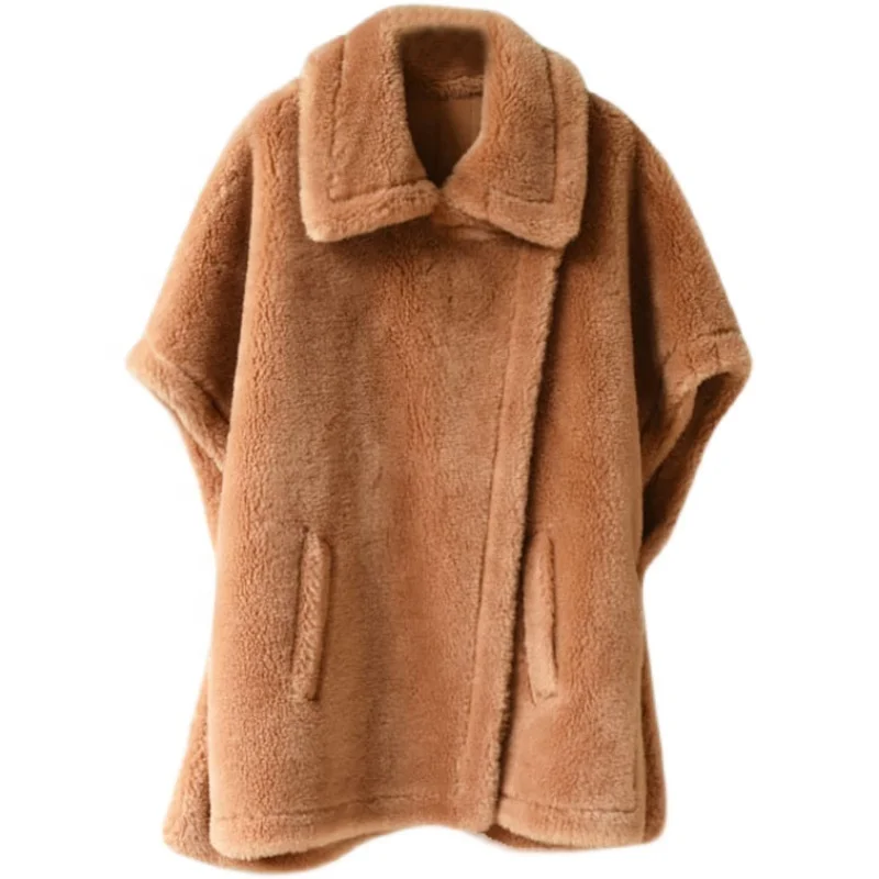 Custom Made Wholesale Loose Long Lamb Fur Poncho Cape Fashion Winter Women Lamb Sheep Wool Fur Coat