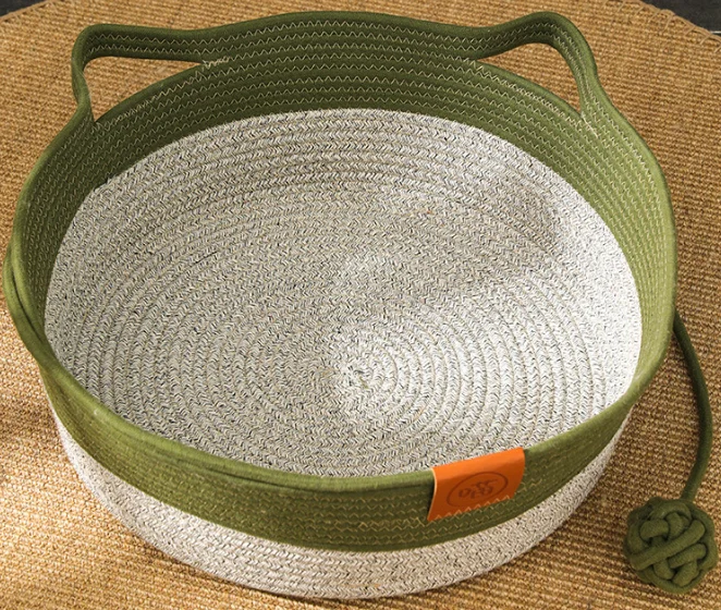 Small Cats Sofa Bed with Double Sided Mat Round Sleeping House Bed for Indoor Cat Cotton Linen Woven Cat Bed Basket