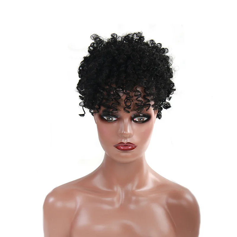 Ponytail And Bangs African Wave Curls Wigs for Black Women Kinky Curly Afro Short Synthetic