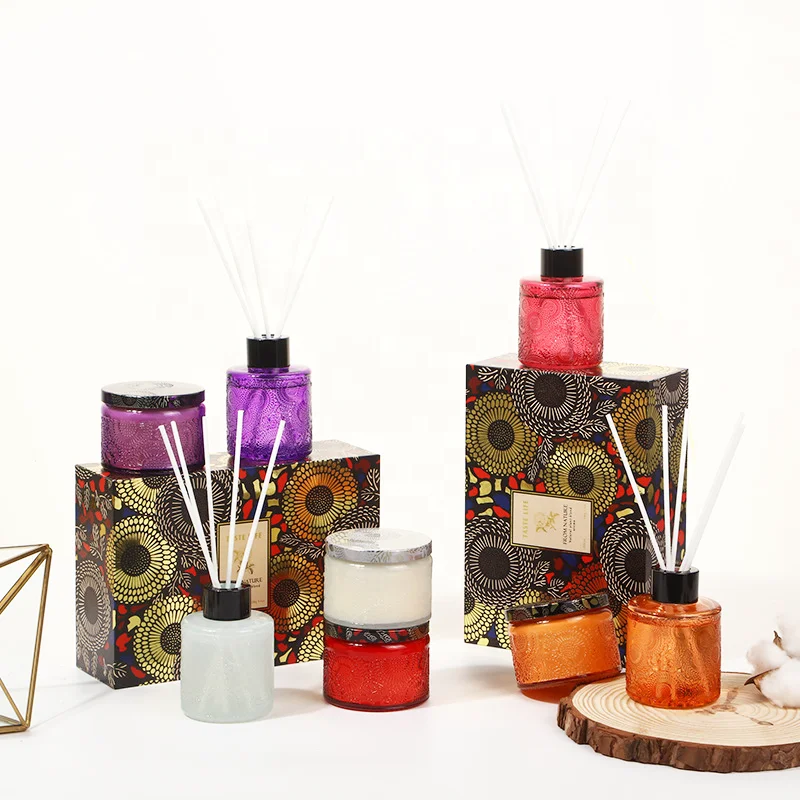 Hot selling embossed cup fragrance set DIY flameless fragrance rattan soybean candle set