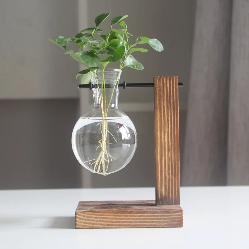 retro desk home decor bud florero terrarium air plants propagation station hydroponic glass flower bulb vase with wooden stand