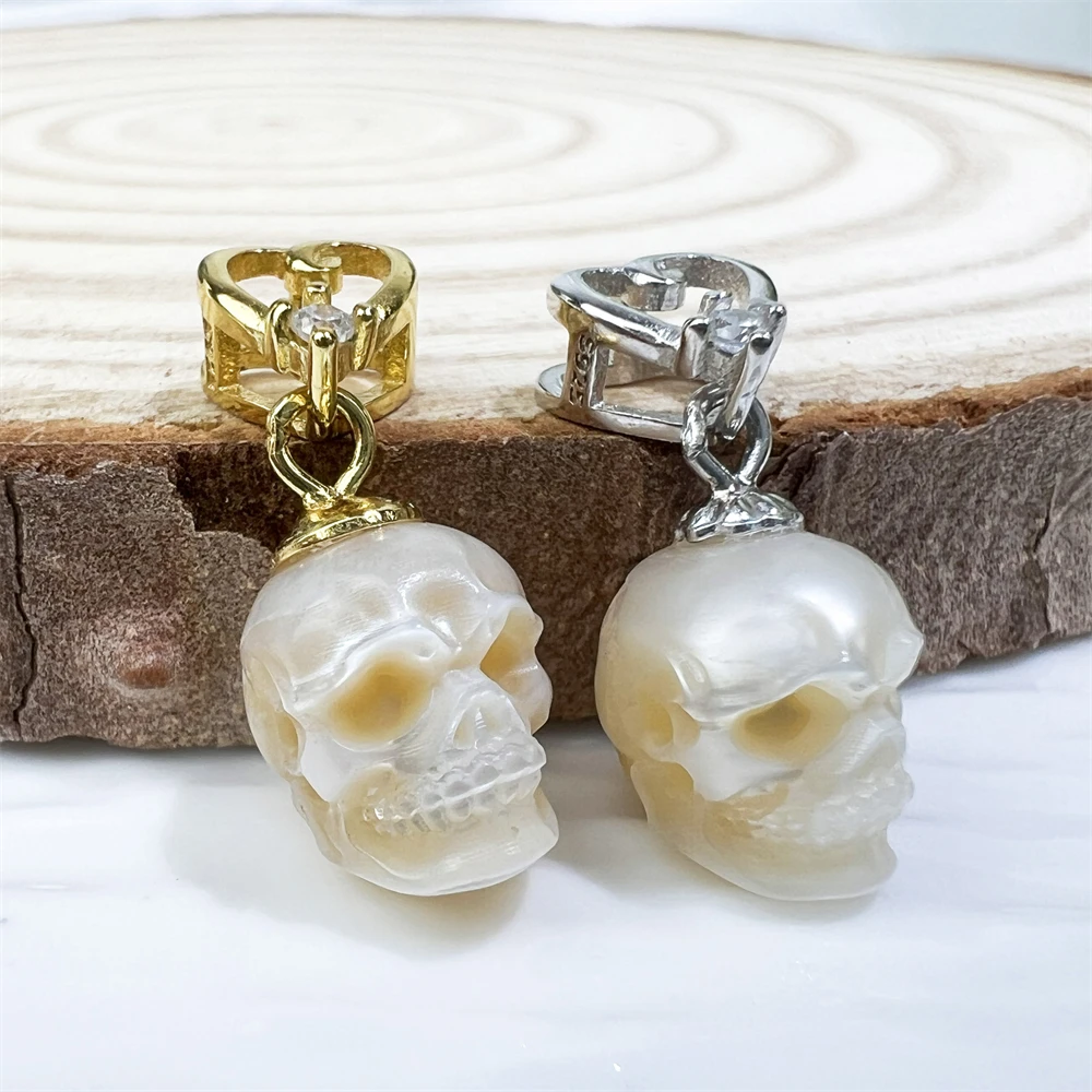 2024 Latest Design Real Freshwater Pearl Carved Skull Heads Necklace Pendant 925 Sterling Silver Gold Heart White Pearl Charms