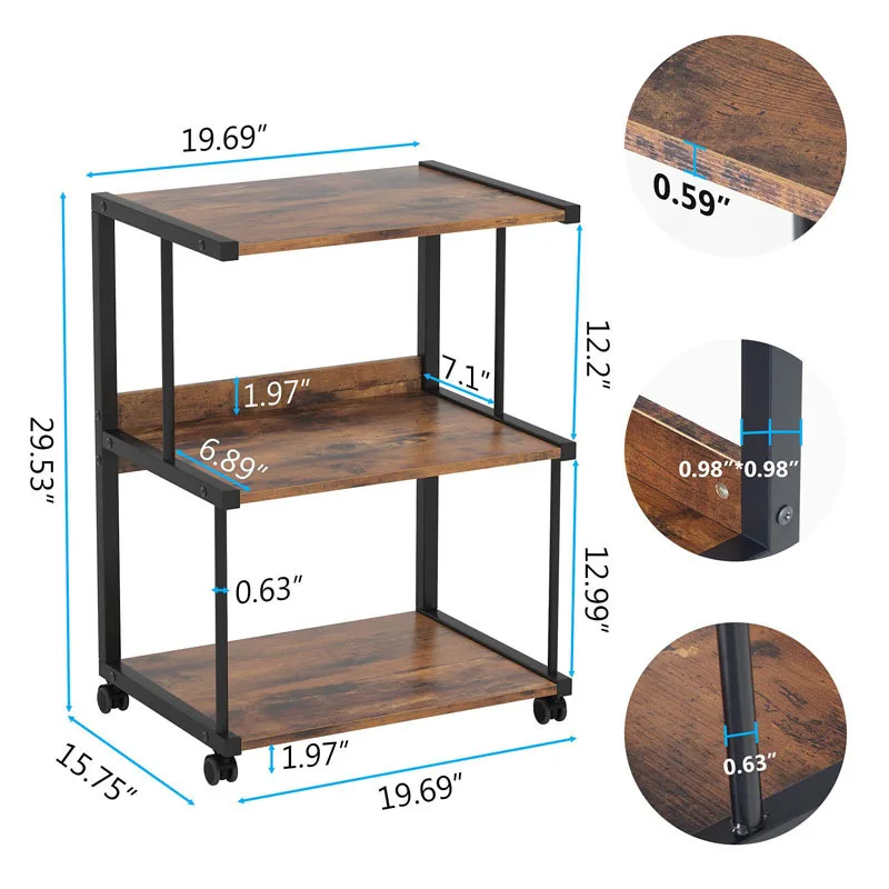 Wooden Compact Mobile Flat Office Filing Cabinet Printer Stand with Metal Frame