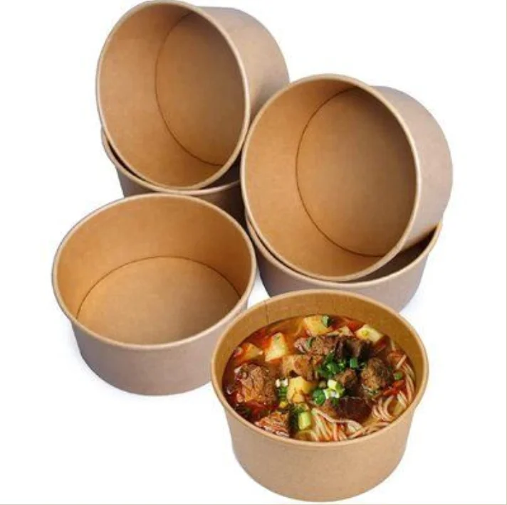 Custom Recyclable Kraft Paper Salad Bowls Brown Kraft Soup Paper Bowls With Lids