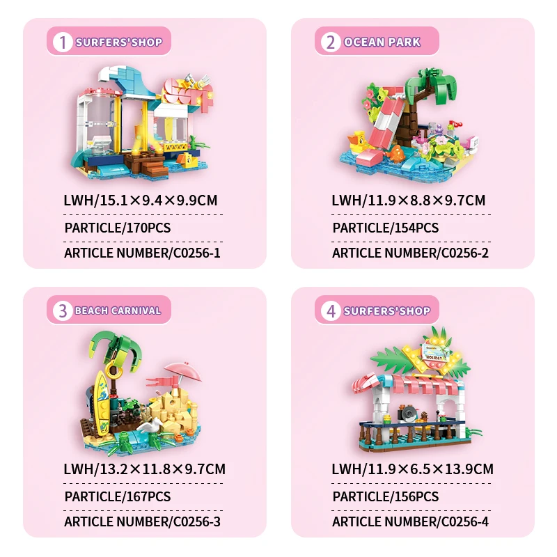 WOMA TOYS C0256-DS 617pcs 4 in 1 sea beach holiday house scenes land building block brick toy set for kids