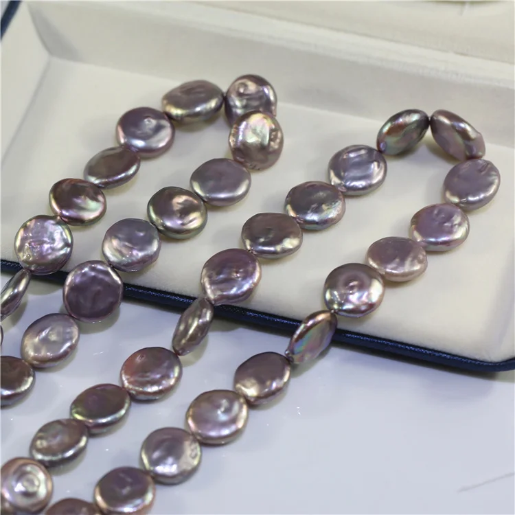 16mm AA+ pink purple multi-color large size irregular coin fresh water real genuine pearl strand string of pearls