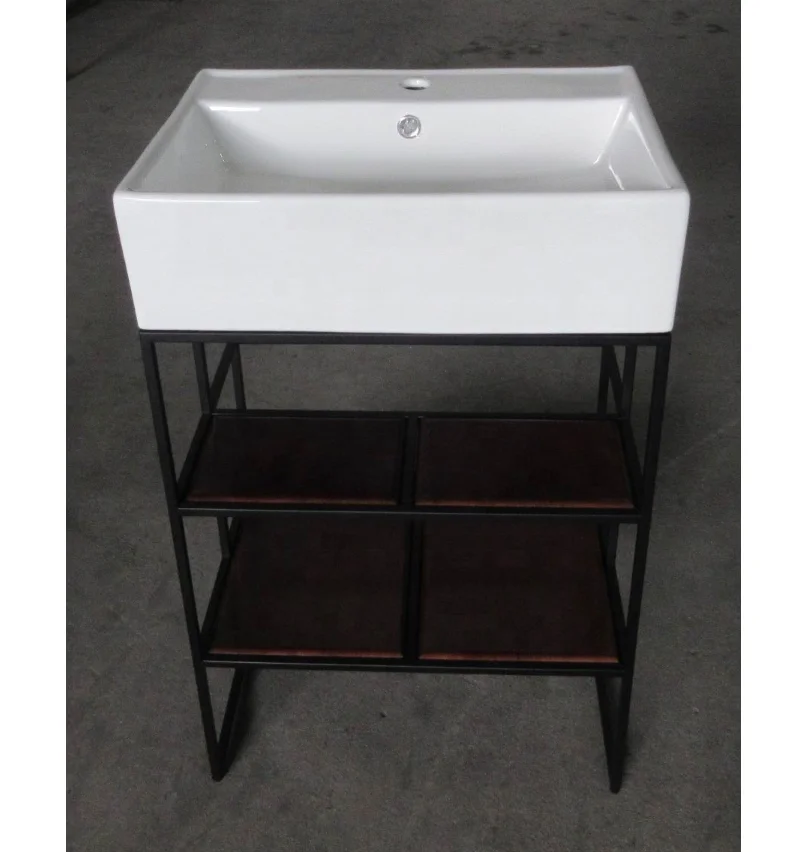 Steel and hampered copper apron bathroom vanity bases Carrara marble counter top  black round tubing washstand floating sink leg
