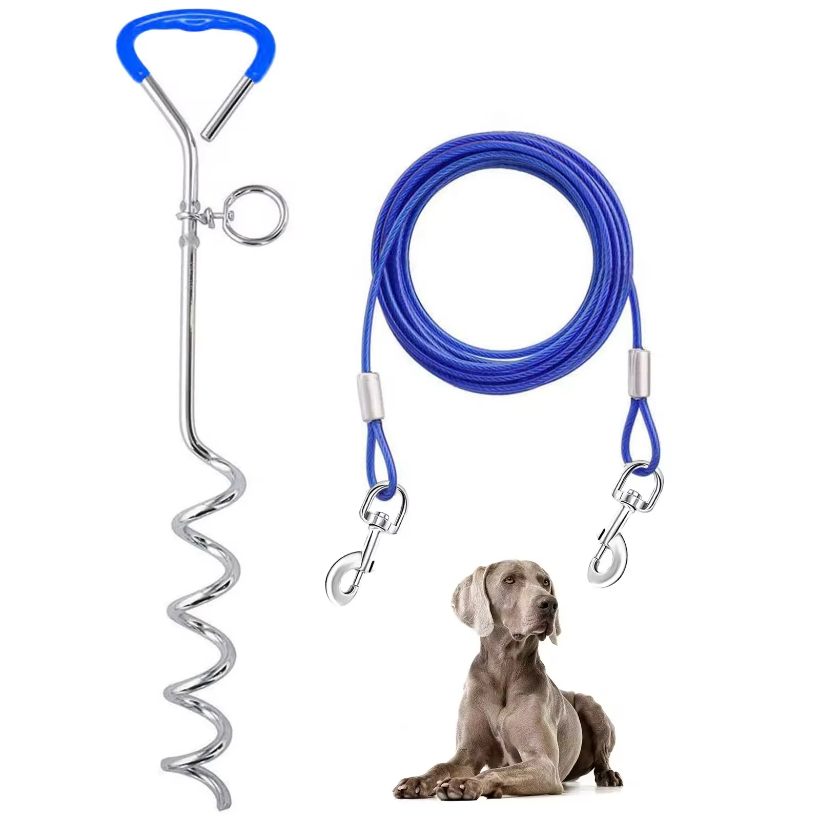 QYS021 Yard and Camping 16/10 Ft Outdoor Dog Tie Out Cable and Stake With Durable Spring and Metal Hooks