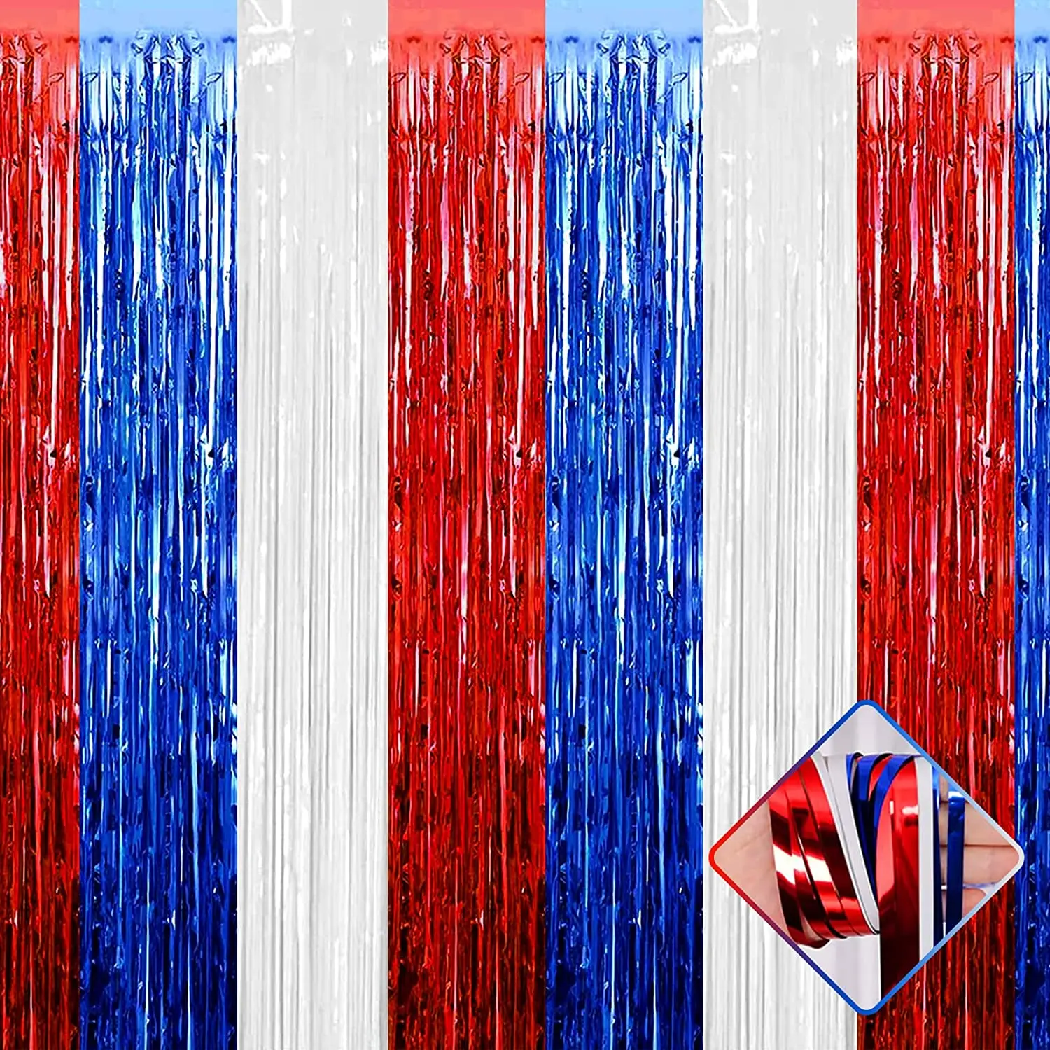 Red Blue White Foil Fringe Curtain Backdrop, Metallic Tinsel Foil Fringe Streamers Curtains for Photo Booth