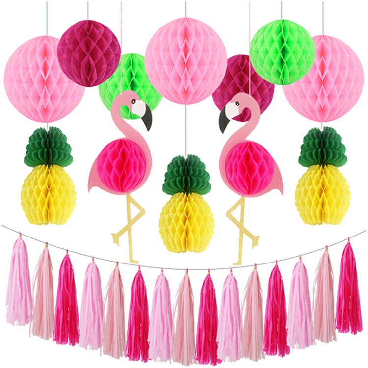 Hawaiian theme summer party decoration kit paper tassel flamingo banner honeycomb pineapple ball set