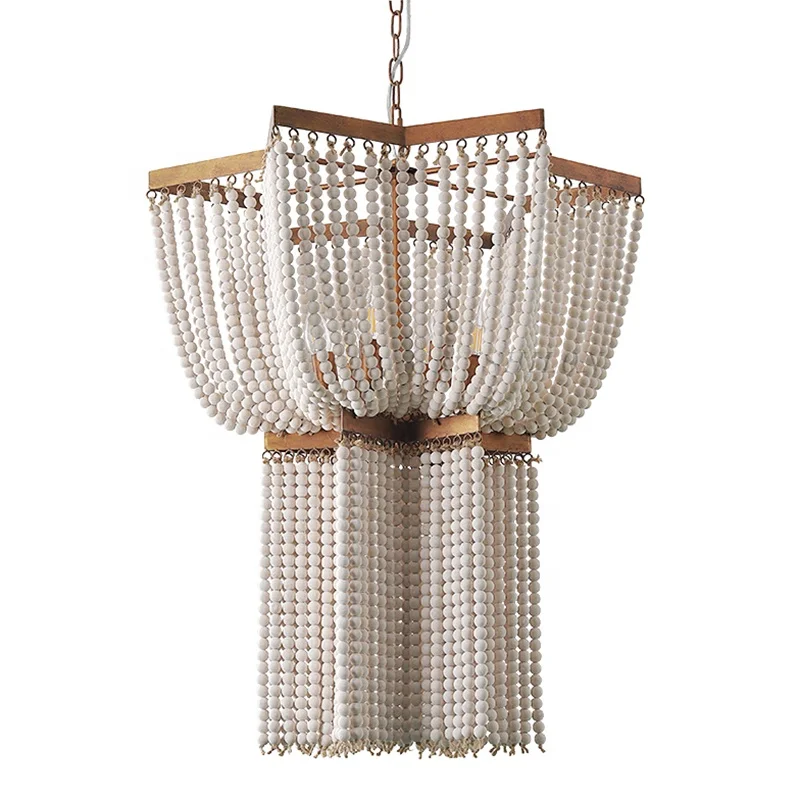 New design Bohemian style wood beads pendant light decorative geometric shape iron ceiling lamp