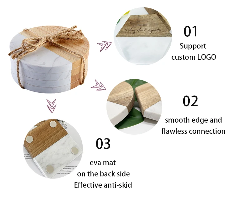 Factory Wholesale Square White Wooden Marble Coaster Round Hexagon Marble And Wood Coasters 4 Set For Tea Drink