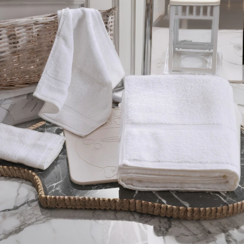 QUANZHEN 100% Cotton Hotel Towel Set Custom Logo 5-Star White Bath Face Hand Towels with Plaid Pattern Nonwoven Technics