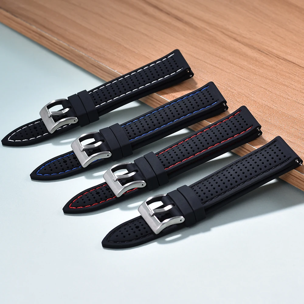 JUELONG Perforated Smooth Silicone Watch Strap 18/20/22/24mm Quick Release Watch Band Black White Blue Orange Stitch